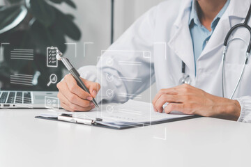 Doctor and patient health information. A medical worker work with virtual Quality Certificate and...