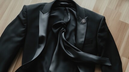 Elegant men's eveningwear flat lay with silk scarf, tux jacket, and brooch