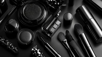 Evening look flat lay with monochrome color palette and reflective highlights