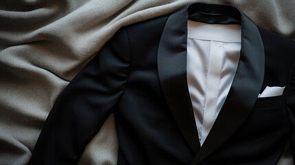 Formal flat lay featuring layered tuxedo and white shirt collar on soft wool