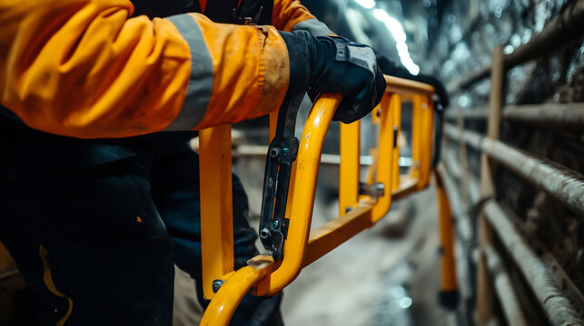 A miner installing safety barriers in a tunnel. Featuring focus on safety and methodical work