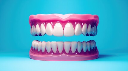 Fototapeta premium Macro dental product shot with natural pink gums and teeth placed symmetrically on clean tray