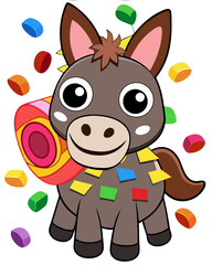 Naklejka premium Festive Donkey with Confetti: A cheerful donkey bursts with joy, adorned with a festive pinata and surrounded by colorful confetti, perfect for any celebration. 