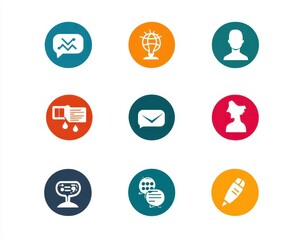 Fototapeta premium A vibrant collection of flat icons featuring various designs and colors, including social media symbols, tools, and nature elements, all arranged neatly on a clean background.