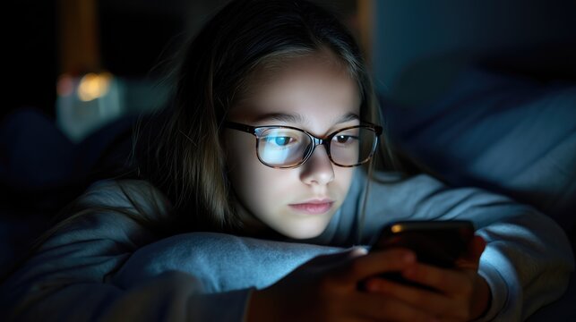 A preteen girl in puberty period texting with her friend. Addiction to social media among youth
