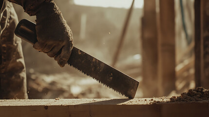 A construction worker using a hand saw to cut through wooden beams at a building site. Featuring craftsmanship and precision