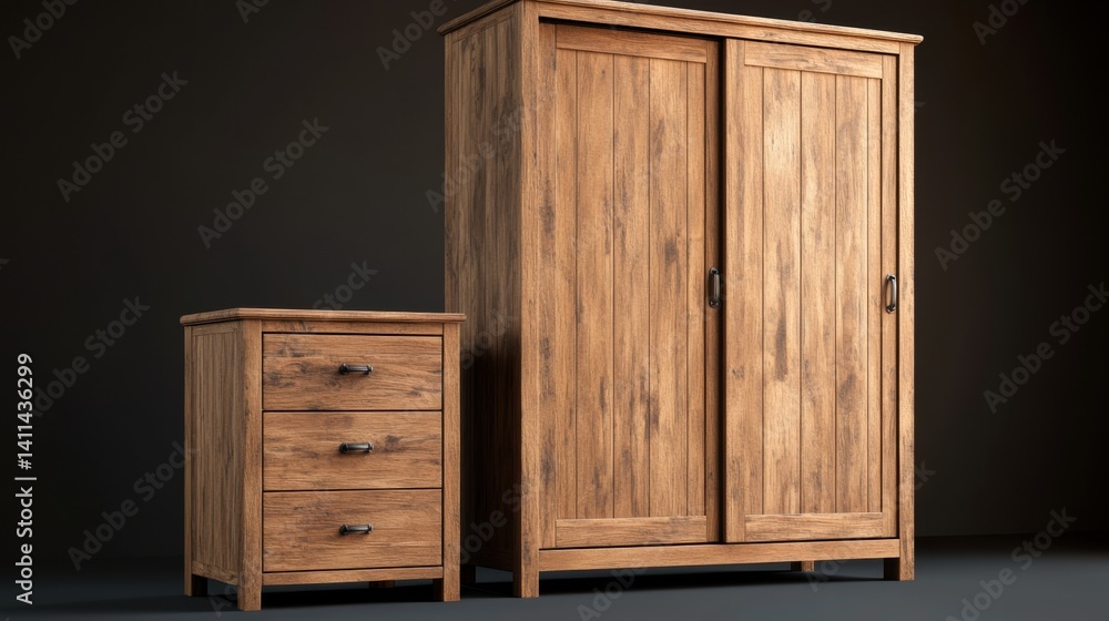 Poster rustic wooden wardrobe with sliding doors and matching three-drawer chest displayed against a dark b