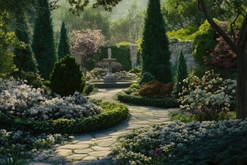 Serene garden path winds through meticulously landscaped beds.