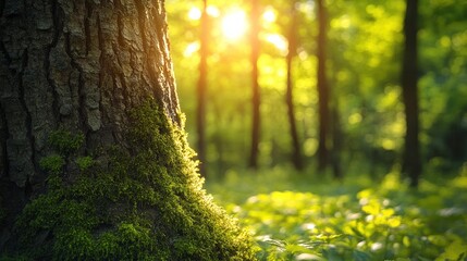 Sunlight filtering through a lush forest.  Moss-covered tree trunk