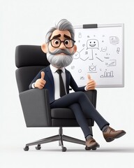 Cartoon executive mentor seated on modern chair with whiteboard and flow chart, relaxed guidance style, 3D illustration