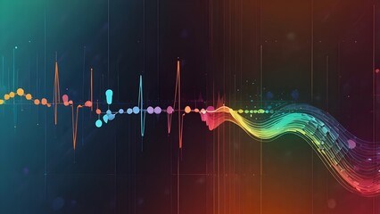 Minimal abstract medical scene with pill icons, stethoscope outlines, and digital waveform elements on soft gradient background for pharmaceutical, digital care, and health app themes