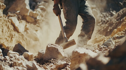 A miner using a pickaxe to break rocks in a quarry. Featuring endurance and strength