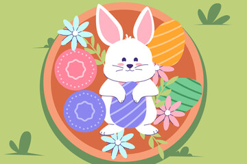 A cute bunny hugging colorful Easter eggs surrounded by flowers, symbolizing the joyful spirit of Easter in a bright, pastel-themed style.