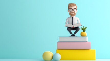 Executive cartoon coach balancing book and digital tools, hybrid learning illustration, 3D illustration