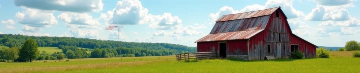 Obraz premium Rustic barn, waving American flag, scenic countryside , patriotic, sky