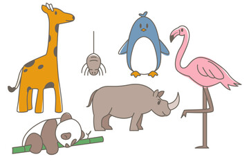 A charming group of zoo animals including a giraffe, panda, rhino, flamingo, penguin, and a spider, all in friendly doodle form.
