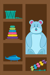 Toy cabinet with teddy bear, drum, stacking rings, and musical toys.