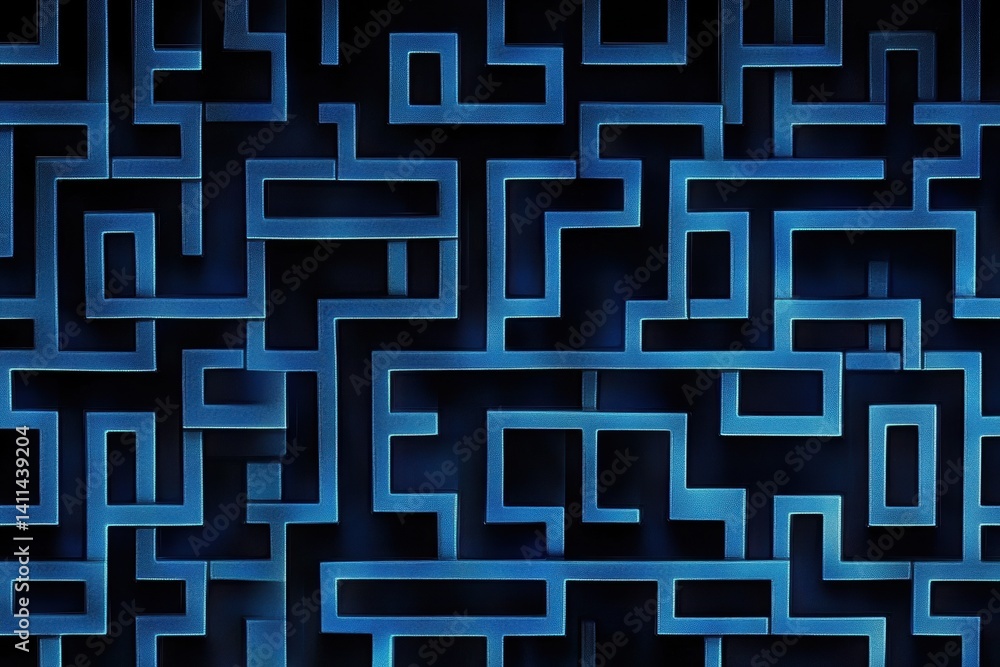 Poster blue maze with complex paths on a dark, shadowed surface texture. show problem solving, strategy, or
