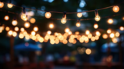 A vibrant string of colorful fairy lights elegantly drapes from a thin wire, casting a warm, inviting glow. The lights twinkle softly, creating a magical ambiance perfect for celebrations.