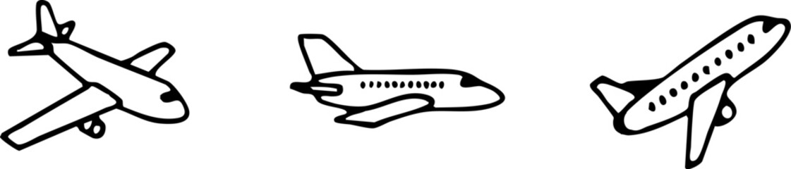 Three airplane drawings in simple doodle style are isolated on a white background Great for aviation or transportation themes.