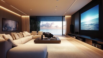 Luxury Home Theater Room with Ocean Sunset View