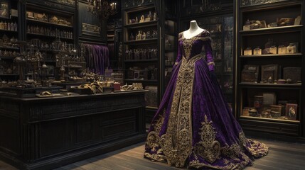 Naklejka premium Dark, opulent vintage store displays a magnificent, purple gown
