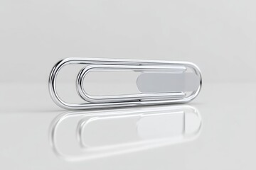 Polished chrome paperclip with white label.