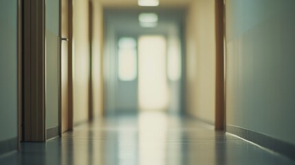 A softly lit, empty hospital corridor with neutral walls and a blurred background, evoking calm, cleanliness, and quiet.

