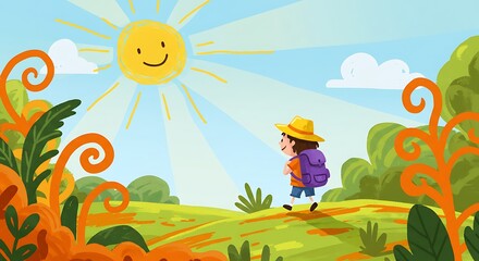 Simple cartoon travel scene with bright sun and abstract landscape

