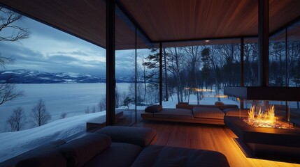Fototapeta premium Modern cabin living room with lake & snowy forest views at twilight