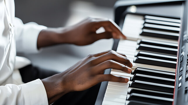 A musician playing piano in a studio. Featuring musical technique and artistry