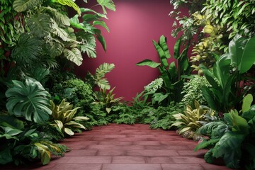 Lush greenery fills a vibrant maroon room.