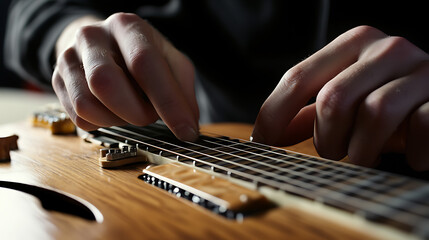 A musician tuning a guitar before a performance. Featuring careful tuning and technical skill