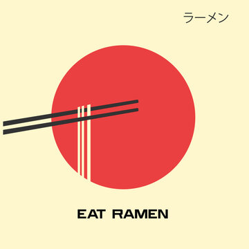 Vector illustration of a bowl of ramen noodles with chopsticks. Traditional Japanese food in flat design style. Perfect for Asian cuisine concepts, restaurant branding, food icons, and culinary