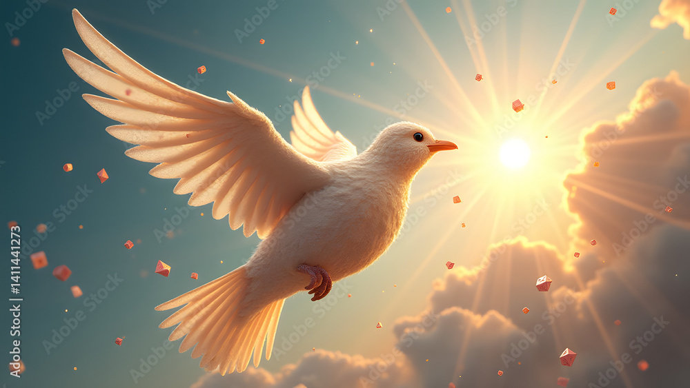 Poster a dice-bird with number-wings flies toward a glowing sun. prismatic light fractures through its frac