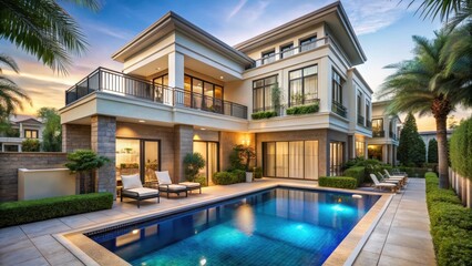 Fototapeta premium Elegant luxury townhouse with private pool and garden in upscale residential community, Upscale living, Villa interior