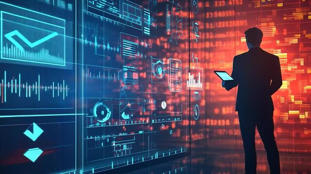 Digital Data Analyst: A Silhouette of a Businessman Examining Complex Data Visualizations on a Large Screen