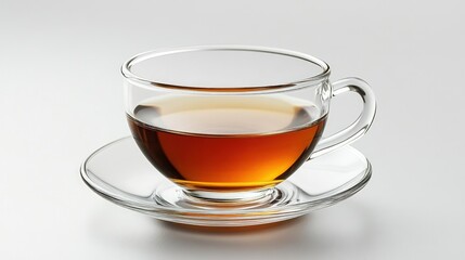 Clear glass teacup and saucer, filled with amber tea