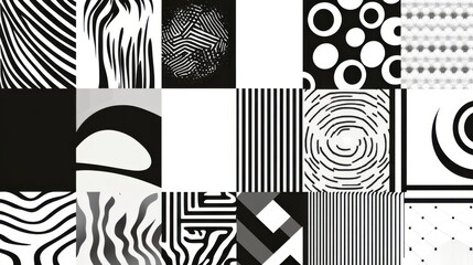 A grid of diverse black-and-white abstract patterns, showcasing various geometric designs, textures, and shapes.
