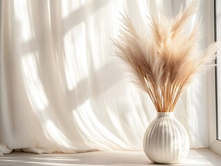 Sunlit Pampas Grass in White Vase Minimalist Home Decor