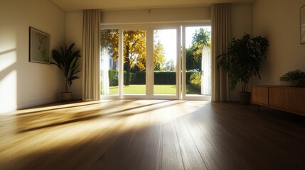 Sunlight Shines Through Glass Doors on Hardwood Floor in Minimalist Living Room with View of Green Lawn and Autumn Trees in Cozy Ambiance