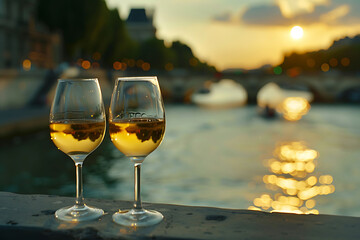 Two glasses of white wine on a bridge in Paris, with the River Seine in the background, captured in the evening light of summer.