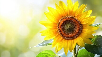 Obraz premium A vibrant sunflower blooms, showcasing its bright yellow petals and intricate seed pattern, set against a softly blurred green background.