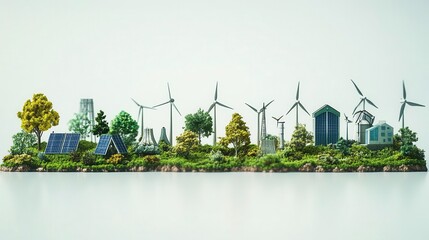 A miniature landscape showcasing renewable energy sources, including wind turbines and solar panels, surrounded by lush greenery.