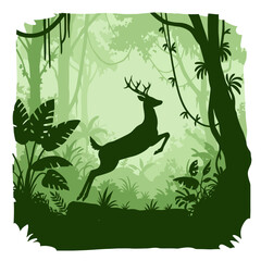 Deer Jumping in Lush Green Forest Silhouette