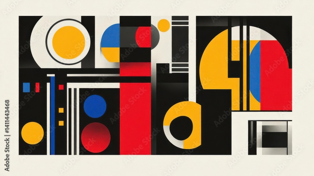 Poster a vibrant abstract composition featuring geometric shapes in bold colors, creating a striking visual