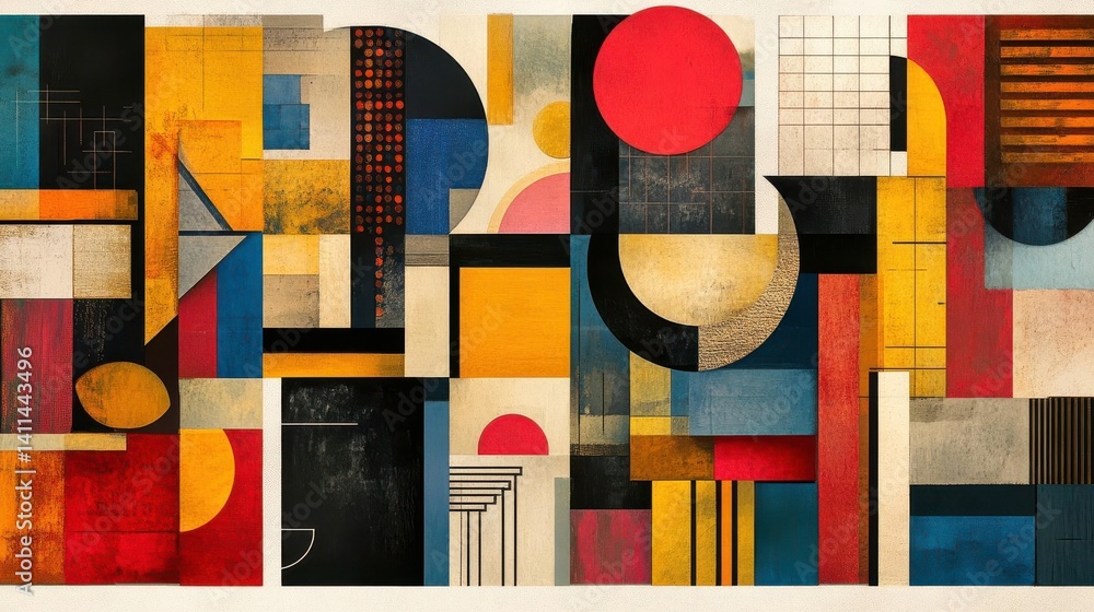 Poster a vibrant abstract composition featuring geometric shapes, bold colors, and textured patterns, creat