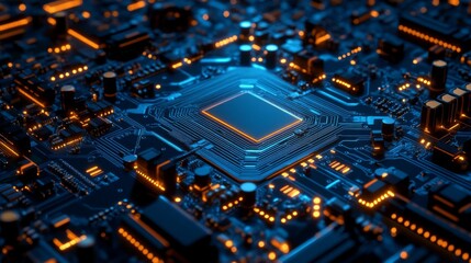 Fototapeta premium Close Up of Illuminated Circuit Board with Central Processor