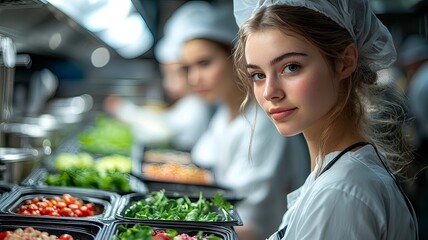 Staff Preparing Fresh Meals in Hospital Kitchen Environment