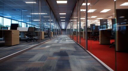 Obraz premium Empty office hallway, glass partitions, modern workstations, and distant computers